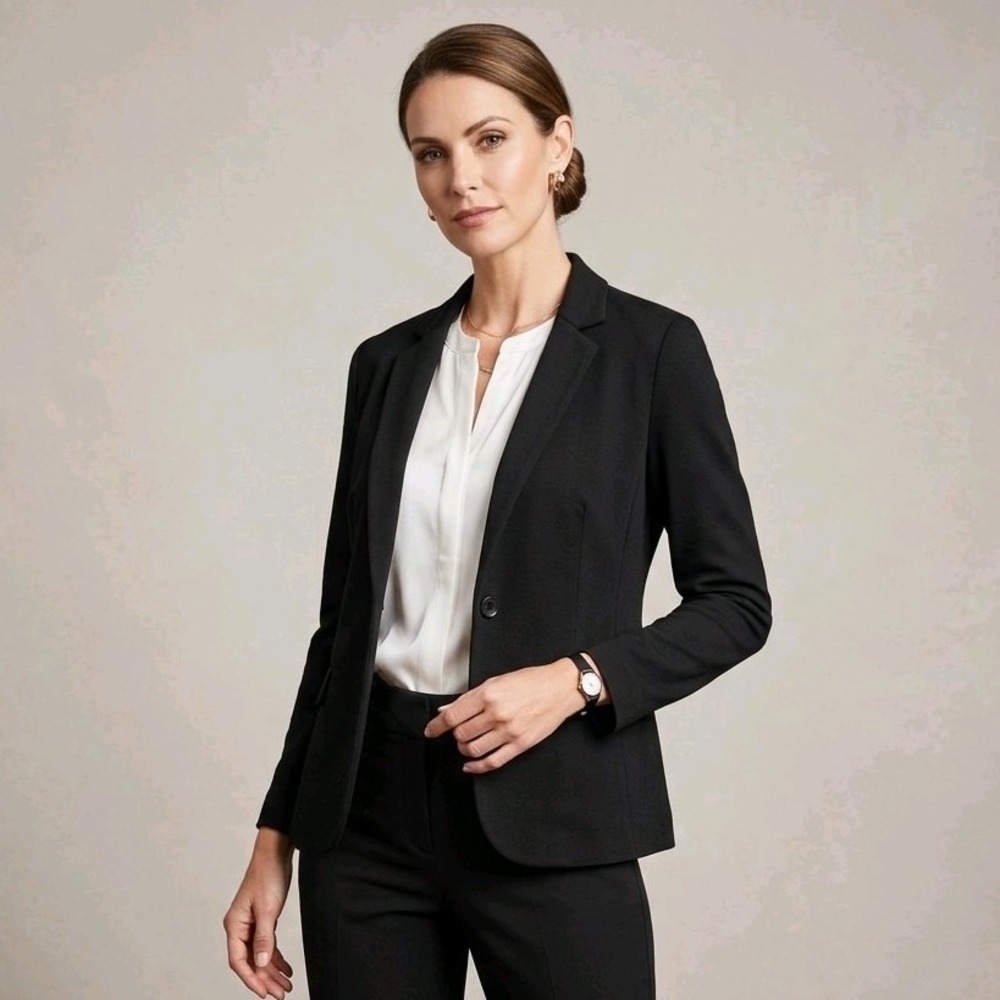 MAGASCHONI Women Black Knit One-Button Blazer Jacket Pockets Long Sleeve XS